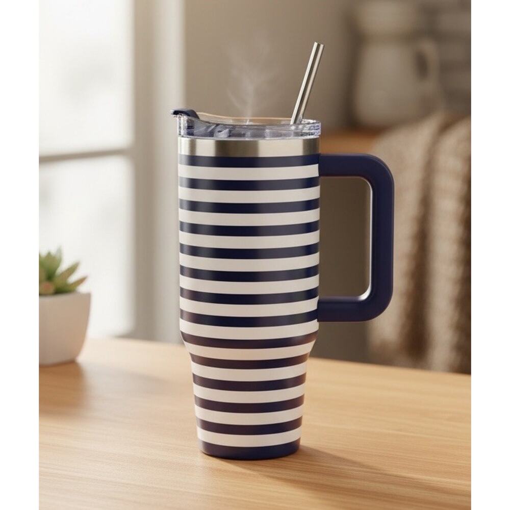 Stainless Steel Tumbler Blue & White Strip 40 Fl Oz With Straw & Handle